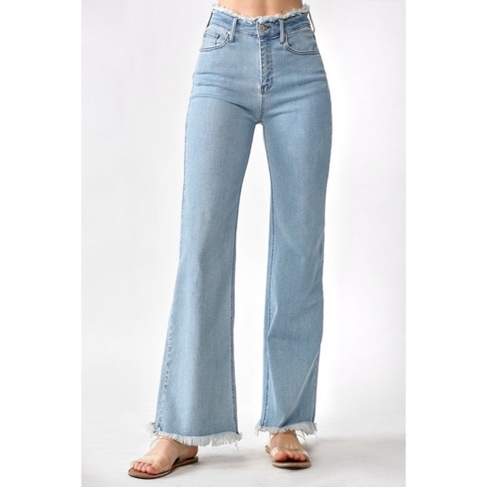 High Rise Frayed Hem Wide Leg Jeans